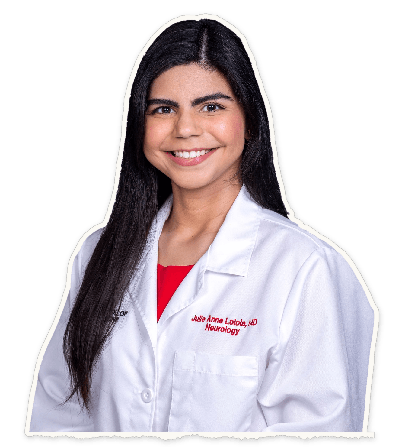 Julie Loiola smiling in a white physician coat embroidered with her name and Neurology.